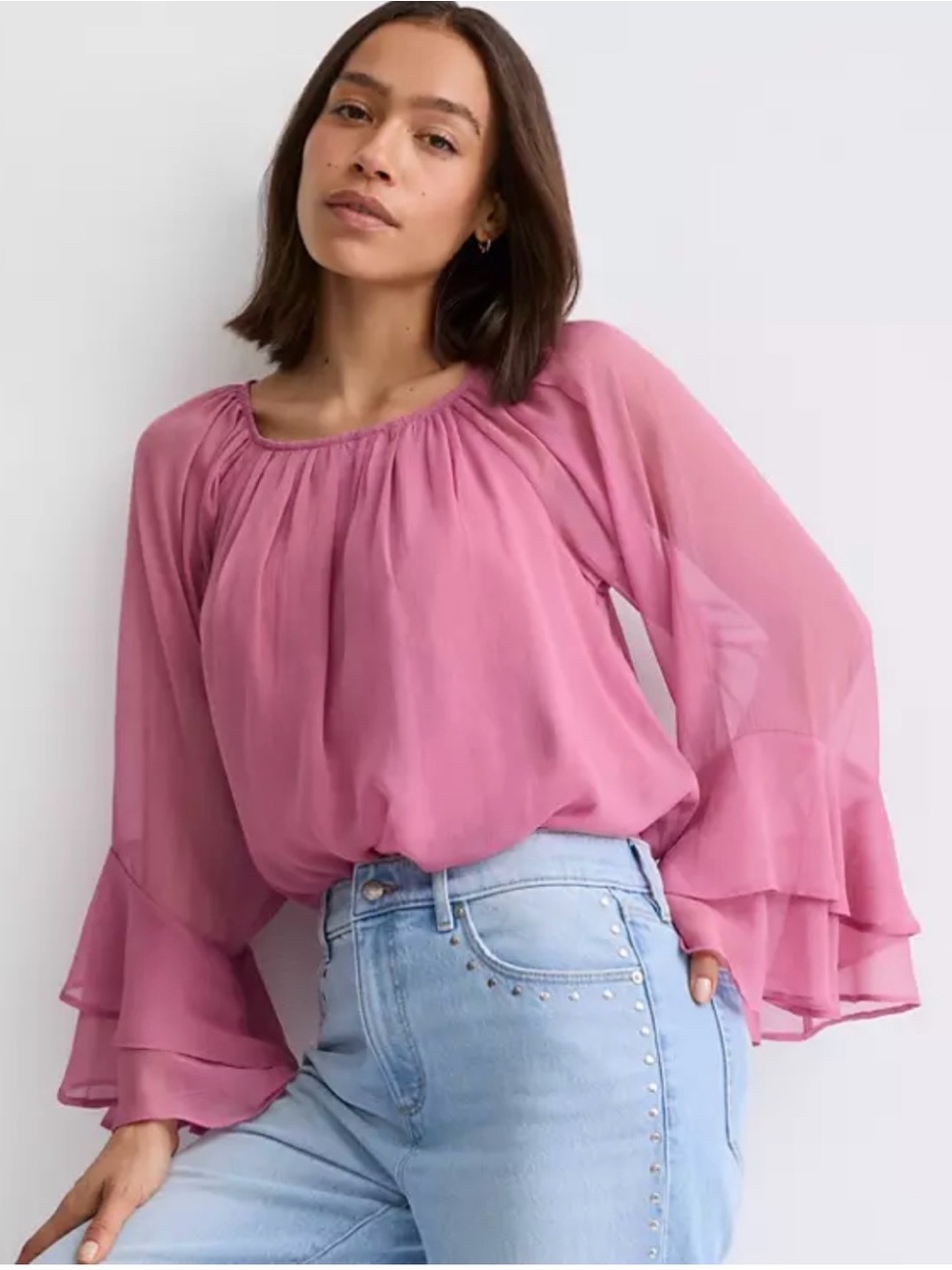 LOFT Sheer Ruffled Sleeve Blouse - Pink Sz M, NWT